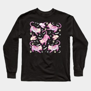 Cute and creepy pastel goth aesthetic skeleton cats  with cat unicorn skulls, bats and bones Long Sleeve T-Shirt